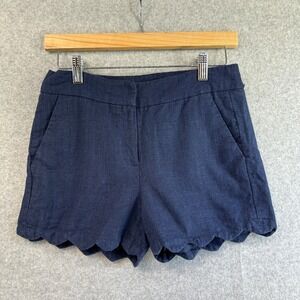 Alice Collection Shorts Navy Blue Scalloped Hem Preppy Linen Blend Womens Size 2